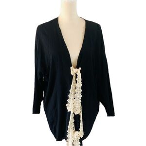 Vintage 90’s Black Kimono Jacket with Cream Lace  (one size up to XL) Lew Magram